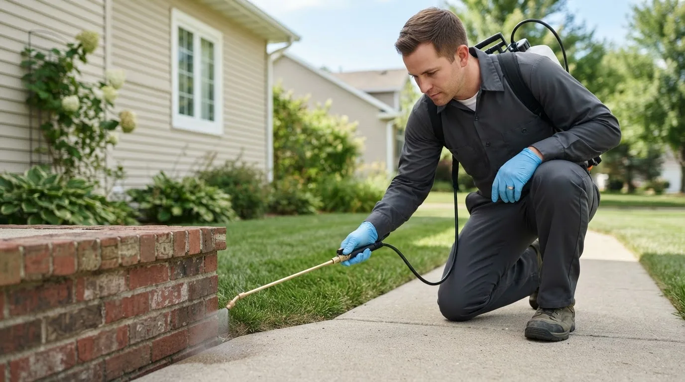 Pest control technician treating a home near Tilton, IL